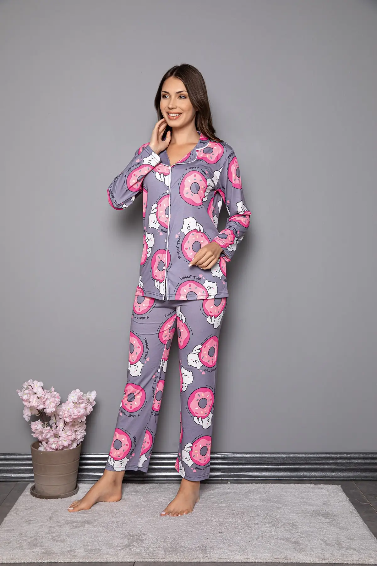 

Women's Pajamas Donut Patterned Shirt Sleep Lounge Pajamas Nightwear Sleepwear Night Suit Casual Home Clothing