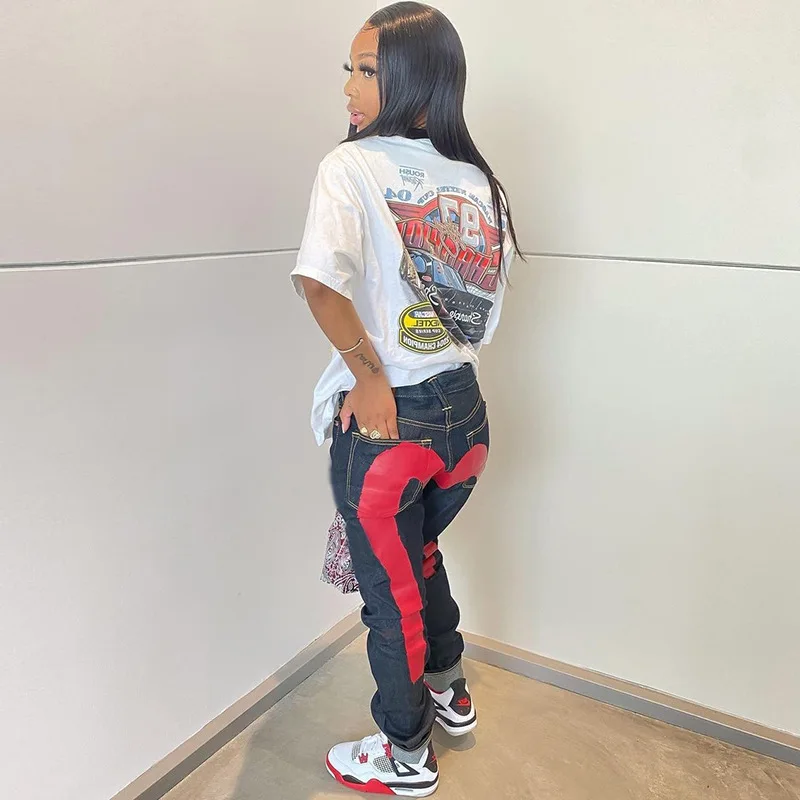 Women Cyber Y2k Goth Cargo Pants Fall 2023 New Low Rise Jeans Streetwear Colorblock Graphic Denim Trousers Baggy Jeans Women