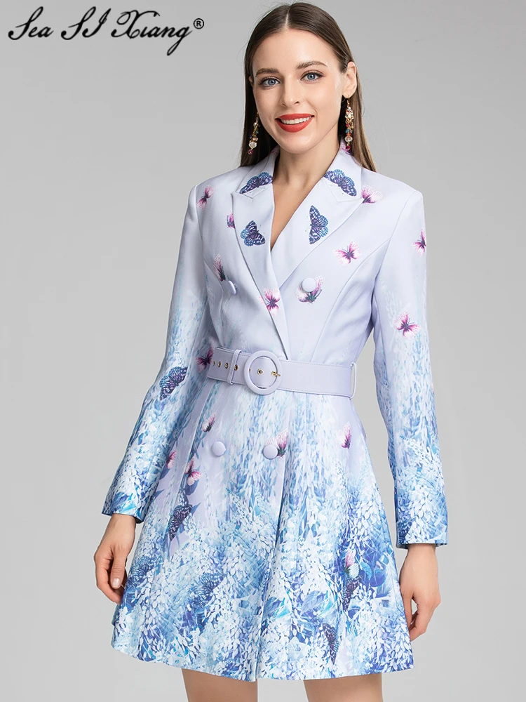 

Seasixiang Fashion Designer Autumn Dress Women Turn-down Collar Long Sleeve Belt Flower Print Double Breasted Casual Dresses