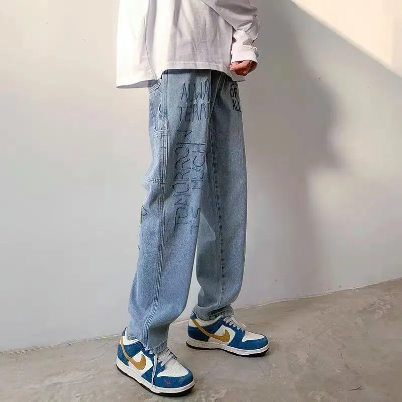 American vibe pants men high street ins jeans tide brand design casual loose straight spring men and women wide-leg pants