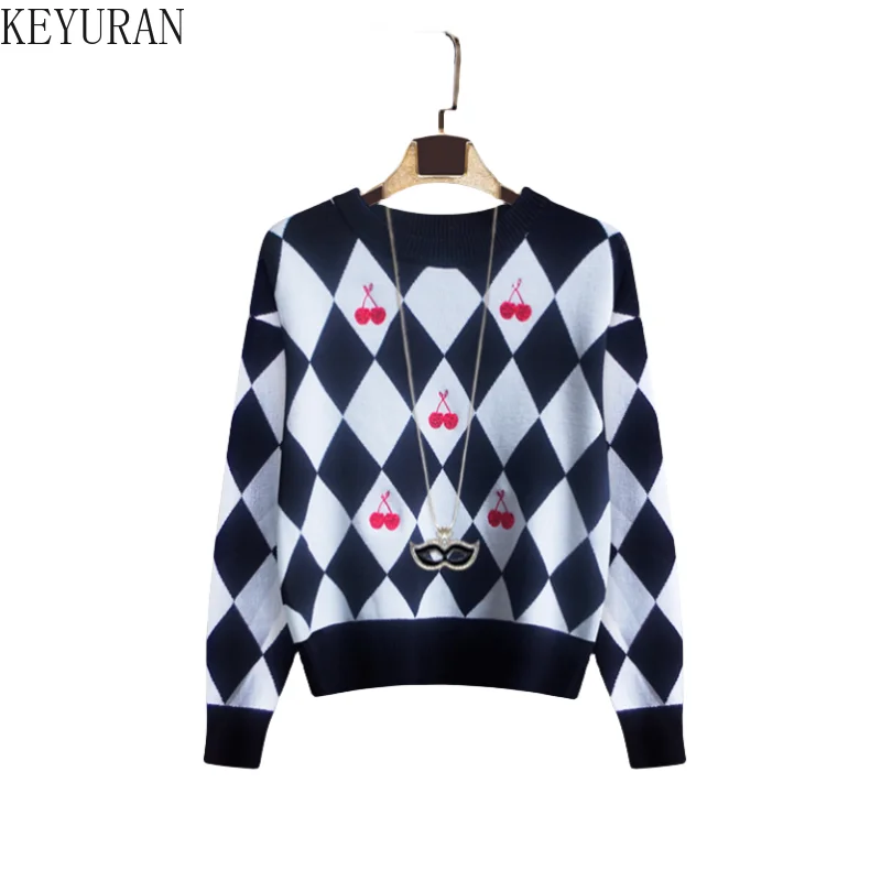 

Vintage Argyle Cherry Embroidery Sweater Women 2024 Spring Autumn Fashion O-Neck Long Sleeve Knitwear Tops Jumper Sueter Mujer