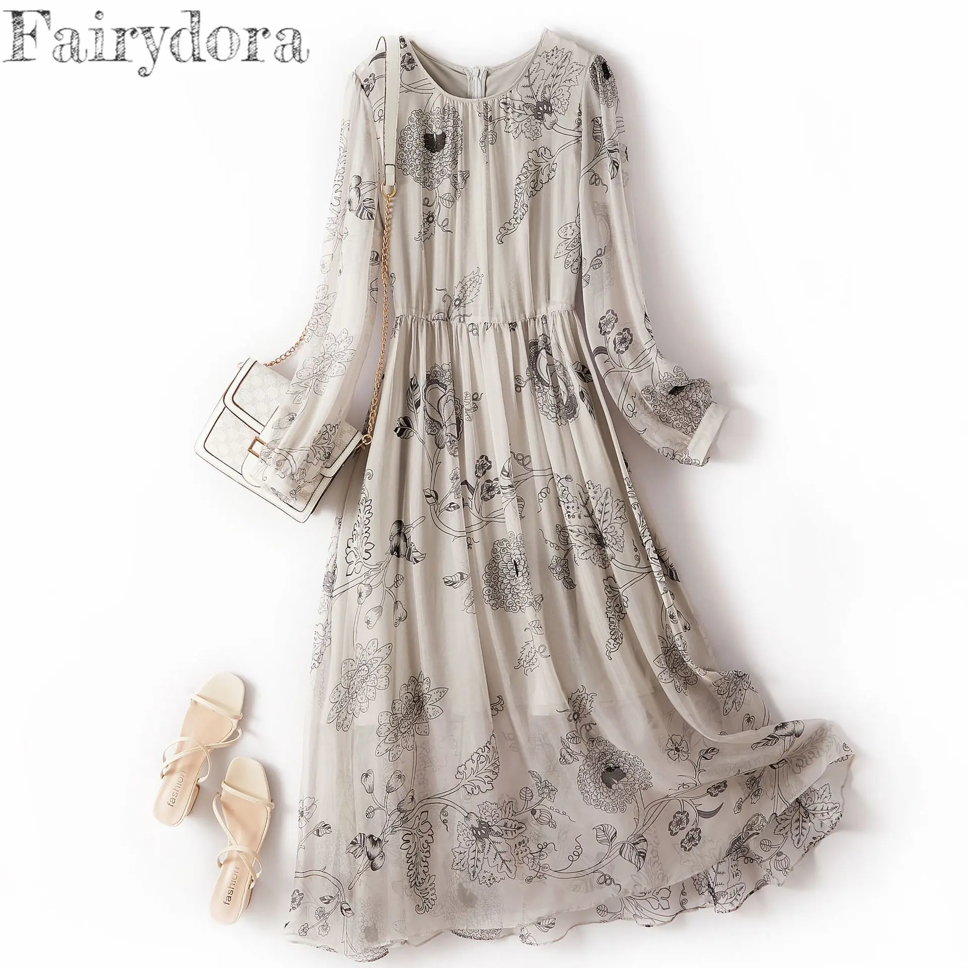 Natural Silk Dress for Women  Summer Elegant  Mulberry Silk Printing O Neck Full Sleeve Elastic Waist OL Dress 11037