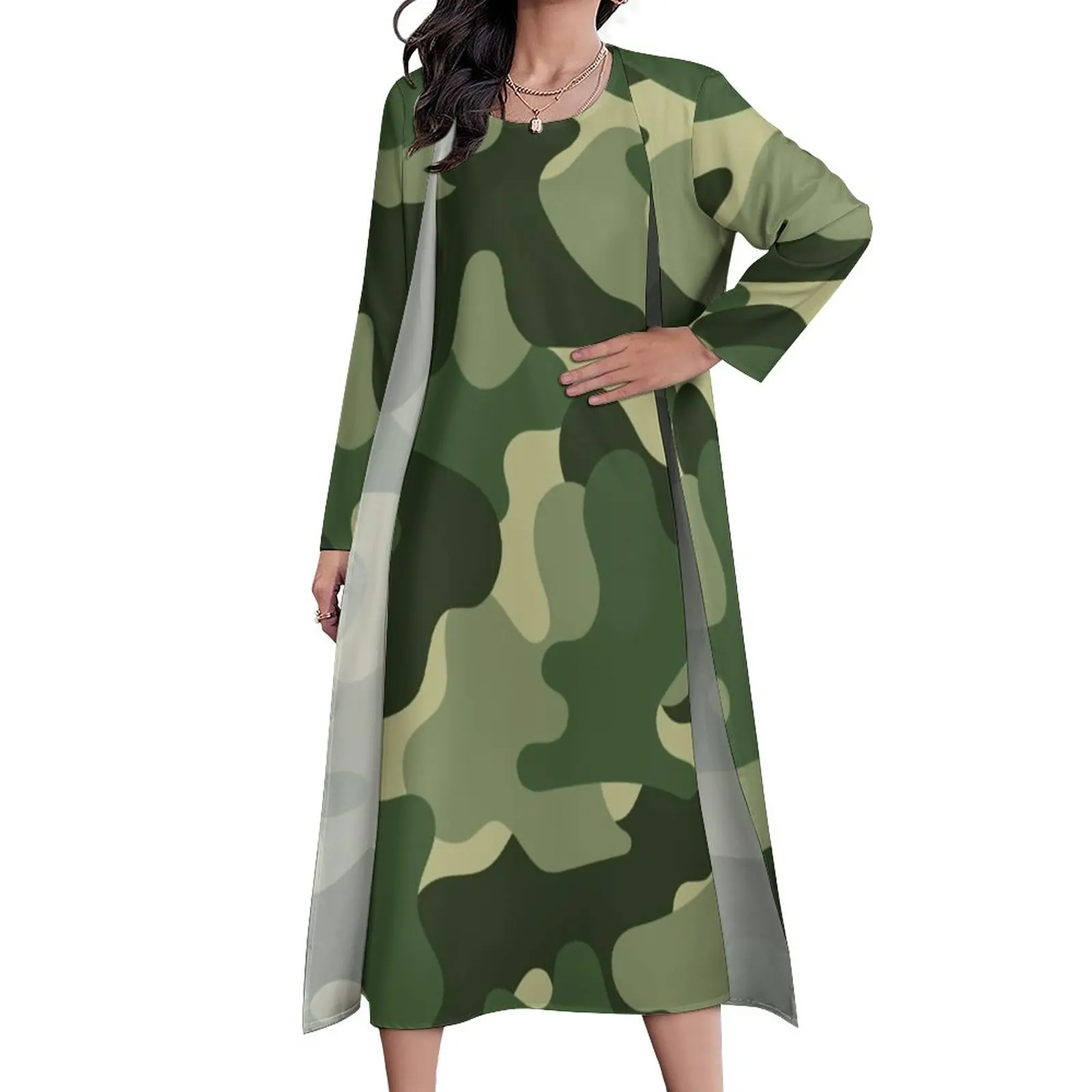 

Green Camo Dress Autumn Camouflage Print Streetwear Bohemia Long Dresses Womens Design Modern Maxi Dress Big Size 4XL 5XL