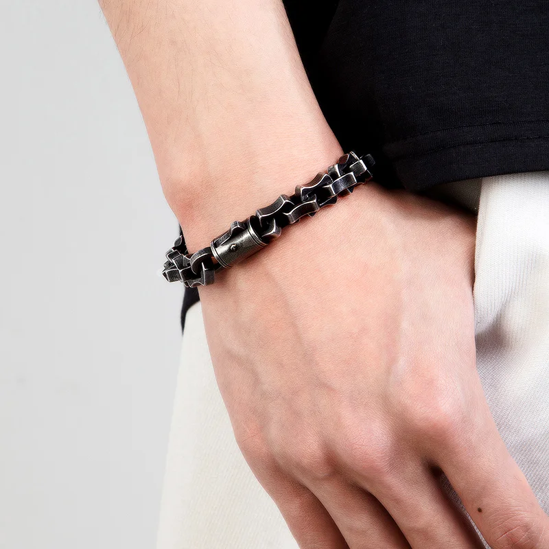 Men Punk Link Chain Bracelet Matte Vintage Black Stainless Steel Motorcycle Hand Bike Jewelry Accessories Boyfriend Gift Husband
