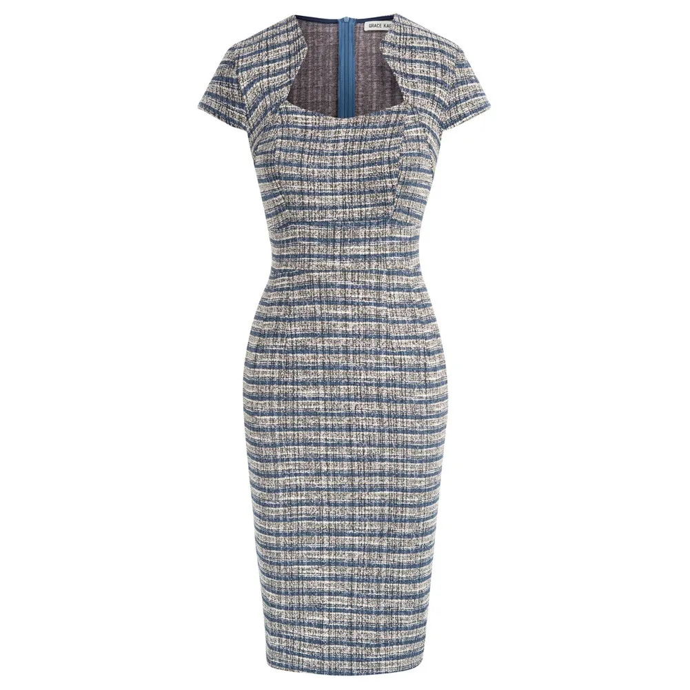 

GK Women Vintage Tweed Dress Cap Sleeve Defined Waist Hips-Wrapped Dress