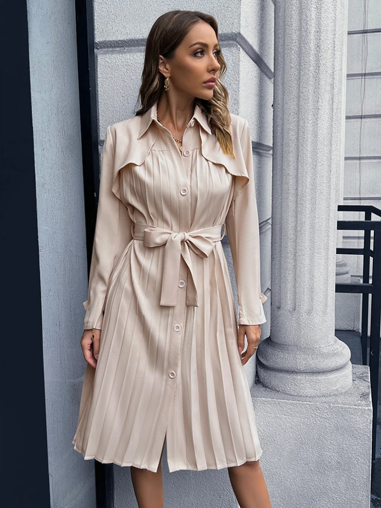

Elegant Long Sleeve Casual Midi Dress Women Sutumn Winter Solid Color Sweet Vintage V Neck Loose Long Dresses with Belt 2022