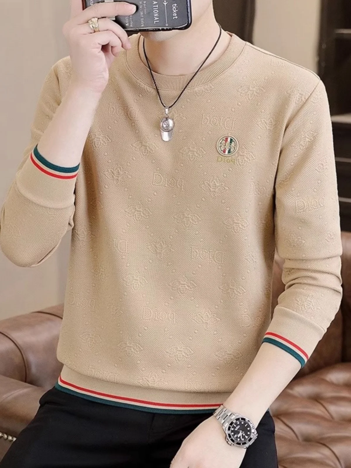  T-shirt Men's Long sleeve Spring and Autumn New High end Print Solid Bottoming Shirt round Neck Casual