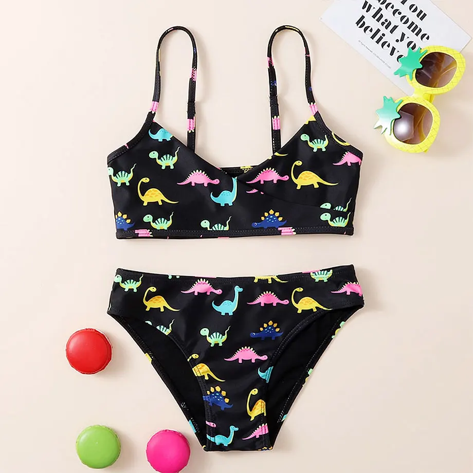 7-14 Years Dinosaur Print Girl Bikini Swimsuit Kids Surpliced Neck Two Piece Children's Swimwear Teen Swimming Bathing Suit 2023