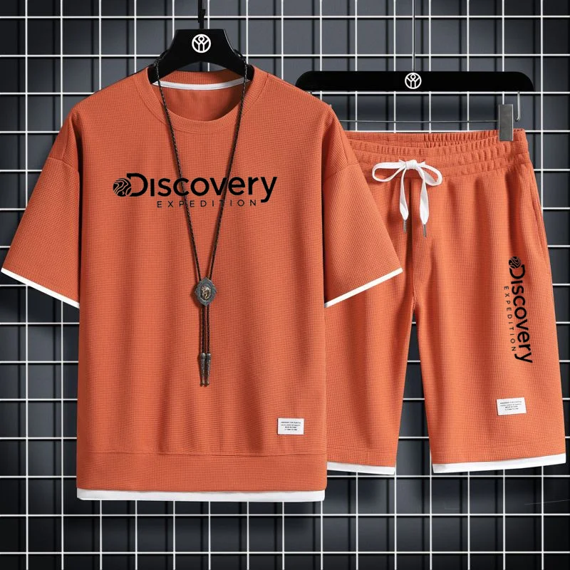 Korean Discovery Channel T-Shirts Shorts Sets Mens Tees Suits Luxury Sports 2 Piece Outfit Streetwear Summer Quality Tracksuit