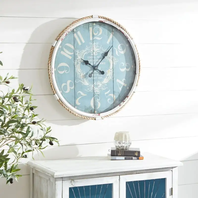 

Turquoise/White Metal Round Wall Clock with Spade Shaped Clock Hands, 25"D