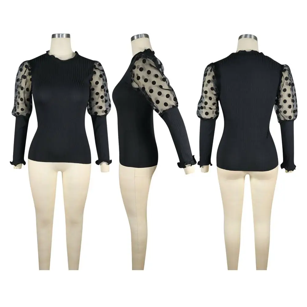 CM.YAYA Women Winter O-Neck T-Shirts Full Puff Sleeve Mesh Dot Tees Bandage Knitted Shirts Sexy Night Club Party Street Tops | Женская