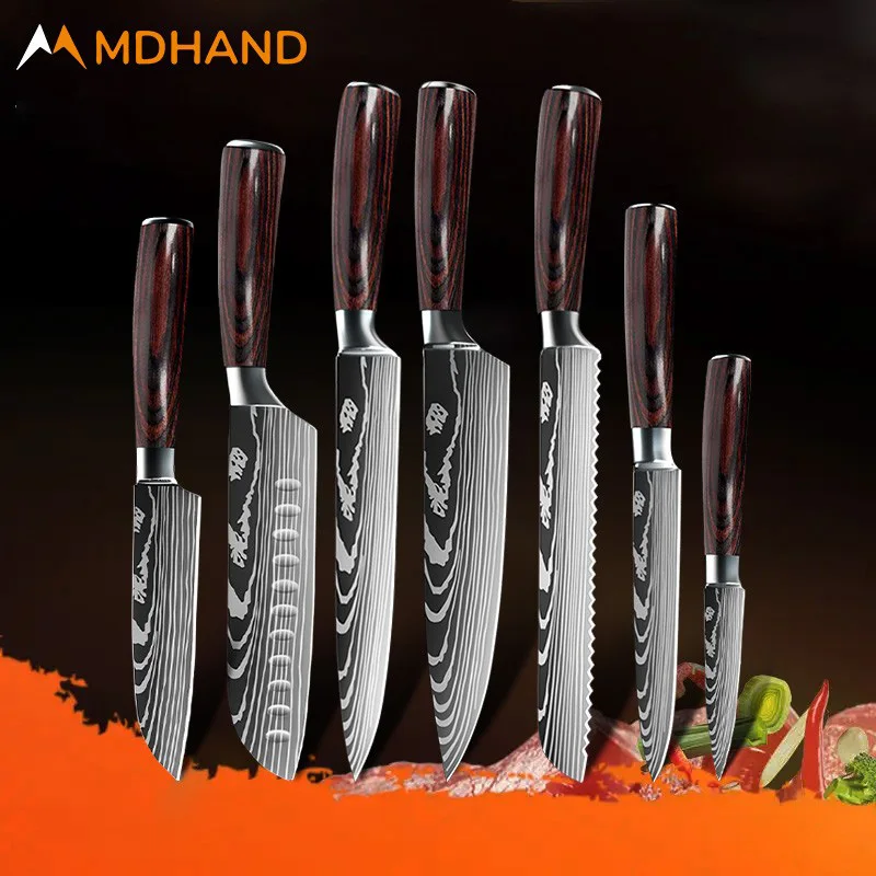 

Kitchen Knives 1-10pcs 7CR17 High Carbon Stainless Steel Damascus Drawing Cleaver Set Slicer Santoku Knife Chef Knife