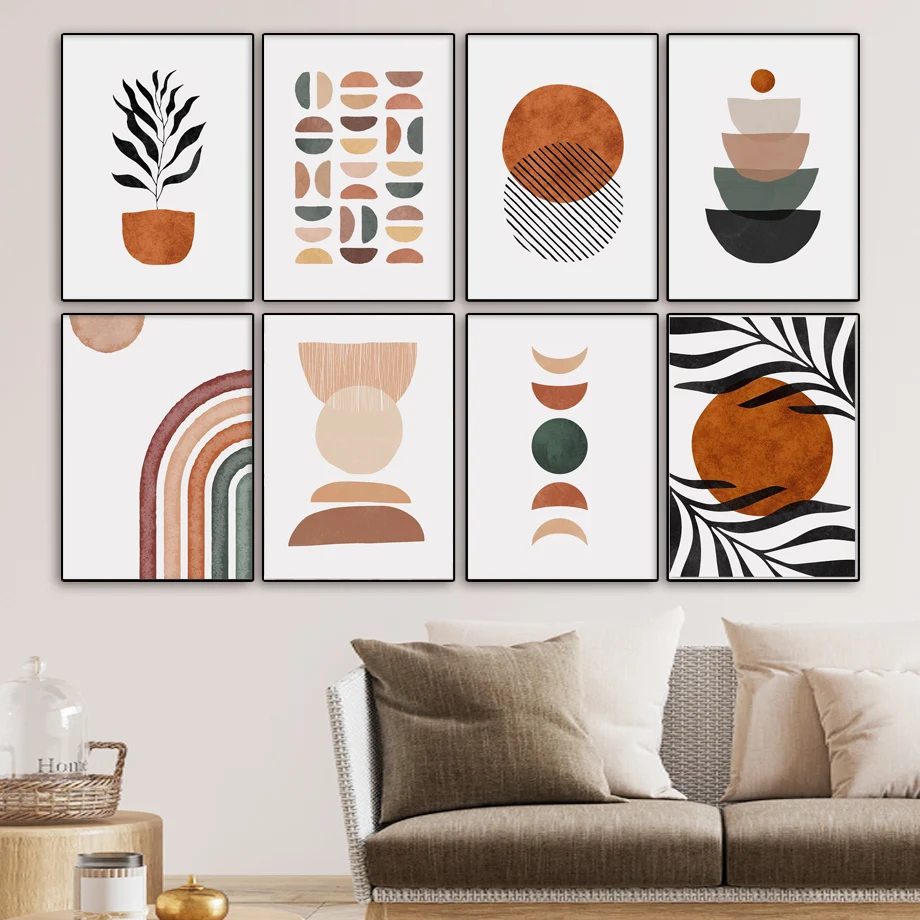 

Rainbow Moon Sun Leaves Abstract Geometry Wall Art Canvas Painting Nordic Posters Nature Prints Wall Pictures Living Room Decor