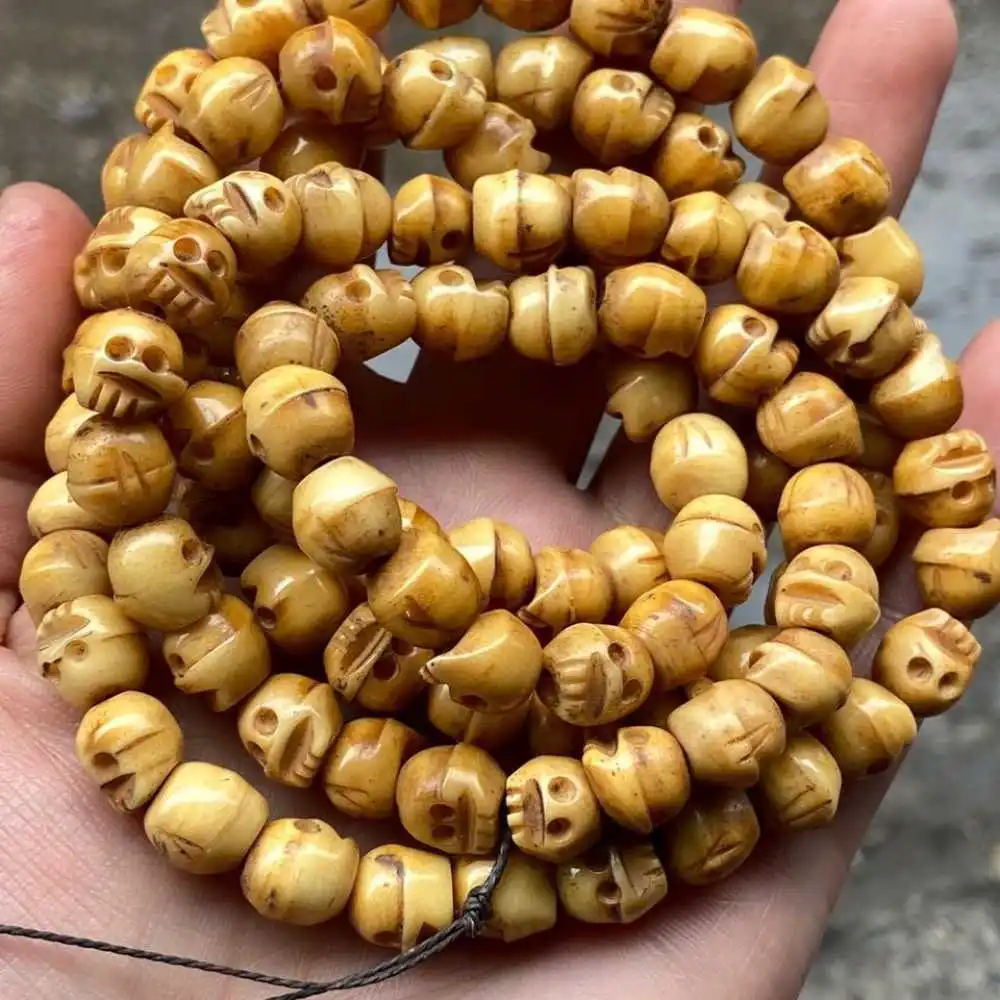 

Tibetan Bone Skull Buddhist 108 Prayer Beads Mala Necklace 9mm Relief National Style Bohemia Pray Classic Wrist Blessing