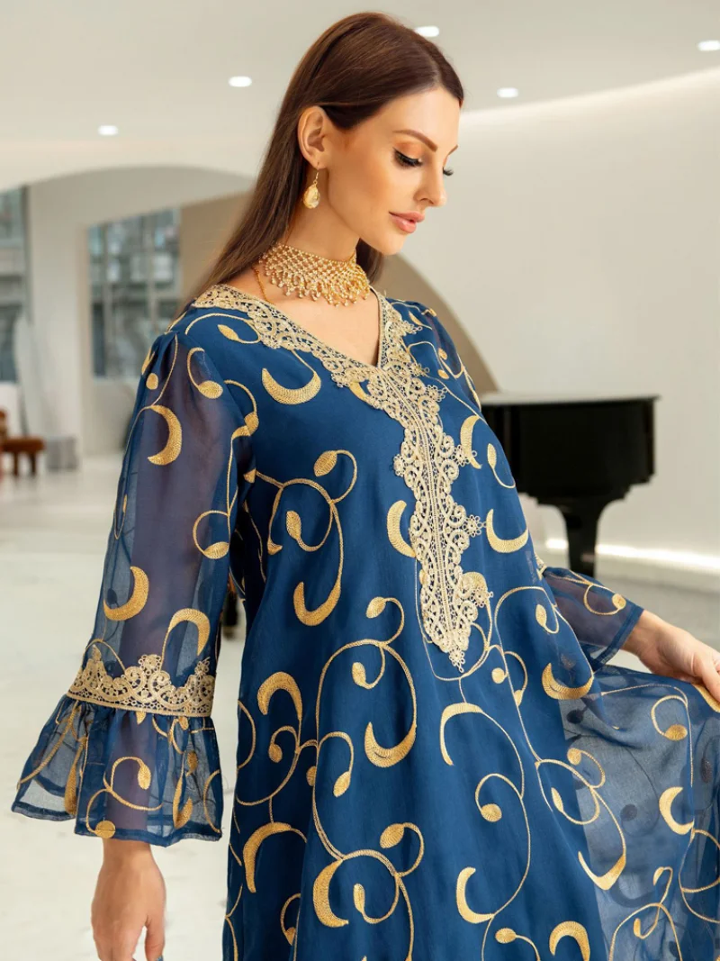 Abaya Muslim Long Dress Women Flare Sleeve Loose Robe Fashion Embroidery Elegant Islam Jalabiya Party Muslim Maxi Dress Vestidos