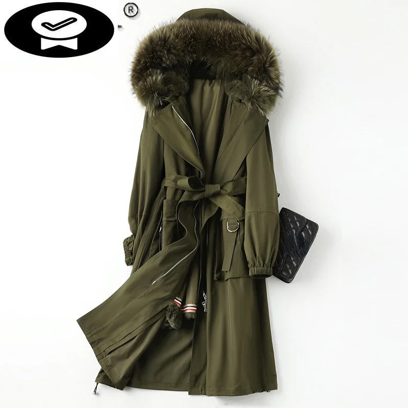 

Real Winter Rex Hooded Rabbit Fur Parkas Women 2023 Warm Raccoon Fur Collar Coats Women's Clothing Manteau Femme Gxy750