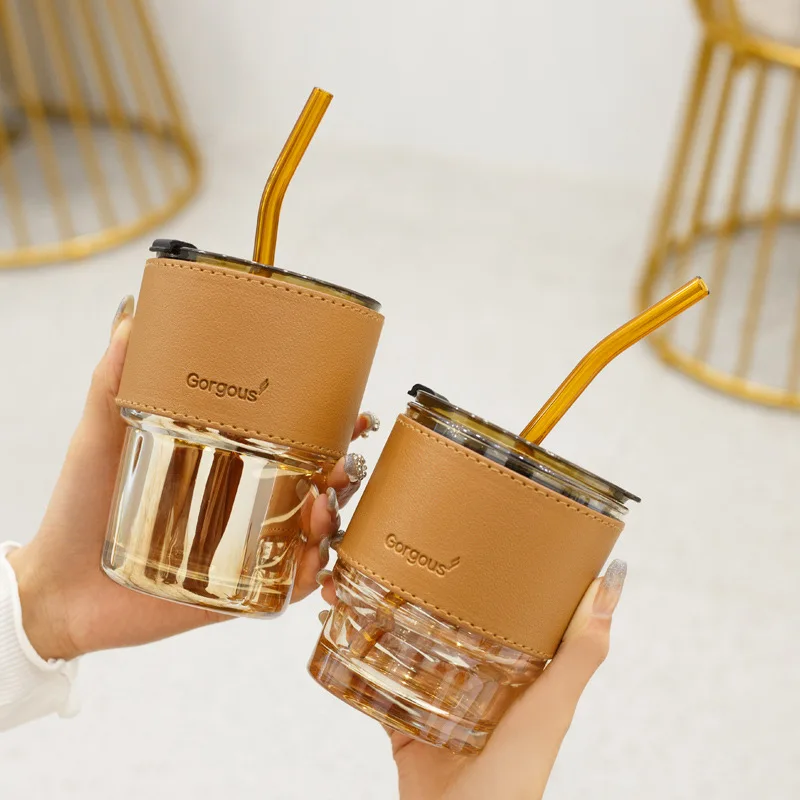 

New Creative Coffee Glass Cup High-Value Amber Straw Glass Water Bottle Portable Milk Tea Travel Cup Leather Sleeve Tableware