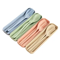 3pcslot travel cutlery portable cutlery box japan style wheat straw knife fork spoon student dinnerware sets kitchen tableware