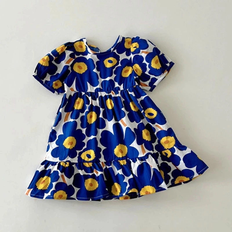 

1-5Yrs Sweet New Kids Baby Girls Short Sleeve Blue Print Princess Dress Summer Kids Baby Girls Children's Clothes Dress