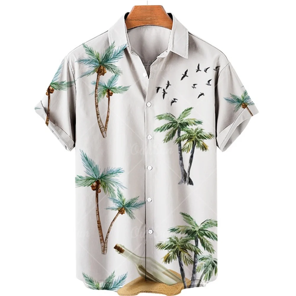 

2023 Summer Men's Hawaiian Shirt New Fashion 3D Coconut Print Male Short Sleeve Loose Casual Trendy Versatile Beach Button Up Bl