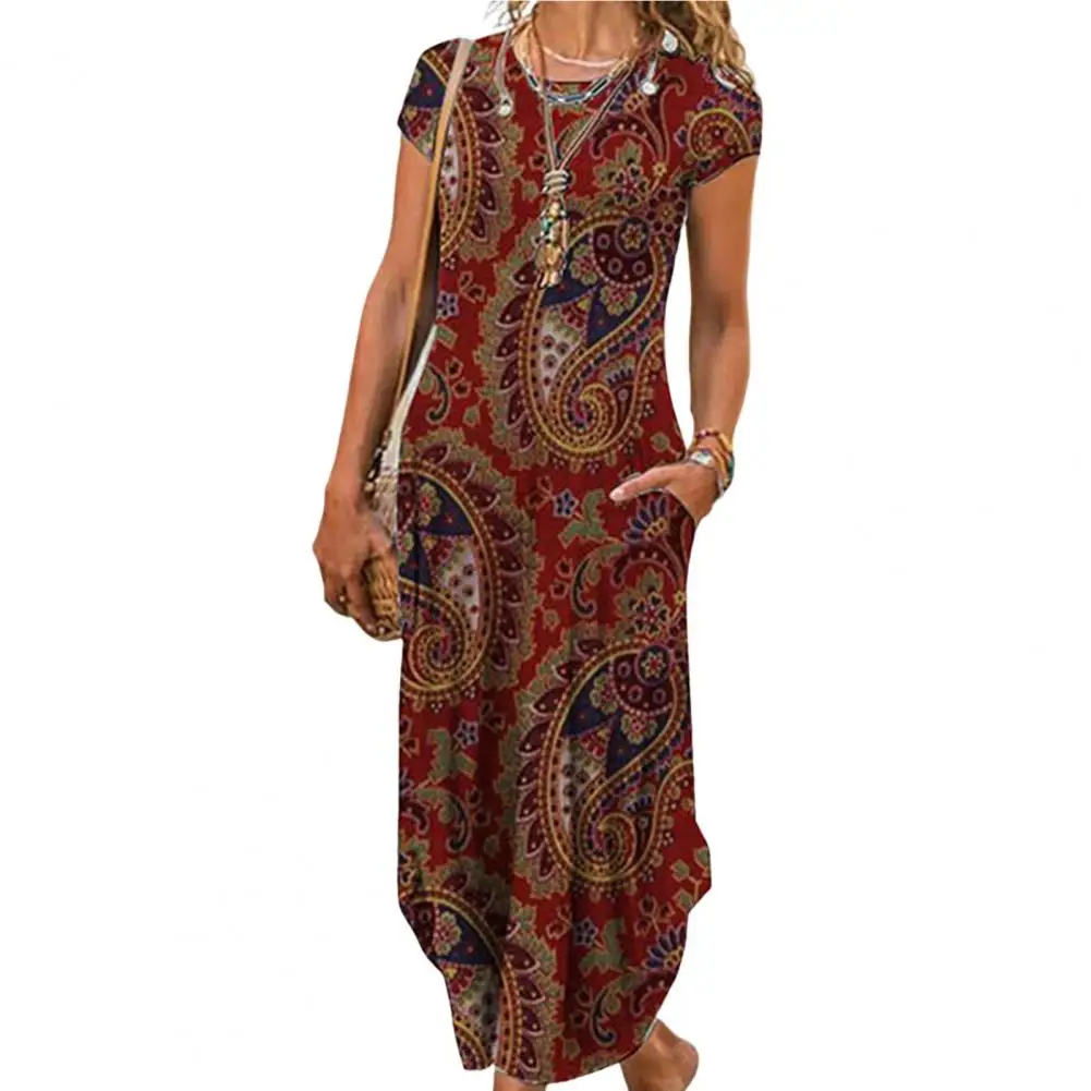 

Платье-Макси женское с круглым вырезом, коротким рукавом и принтом