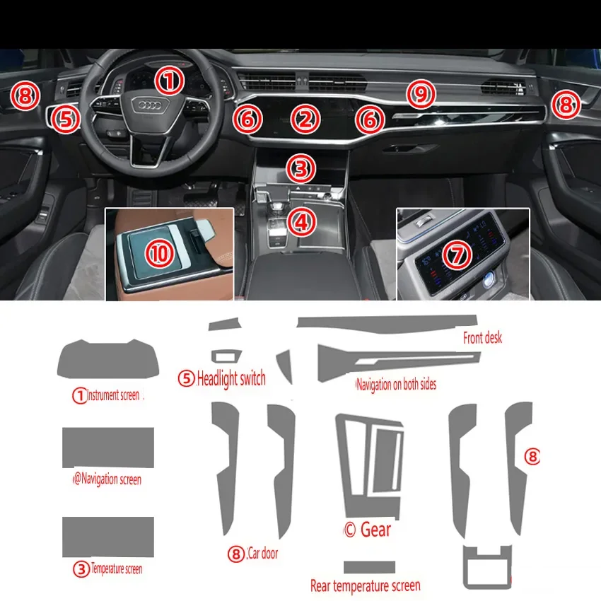 

Для Audi A6 A6L A7 A7L 2019-2024 прозрачная пленка из ТПУ, наклейка для салона автомобиля, центральное управление, навигатор, экран, дверь, автомобильные аксессуары