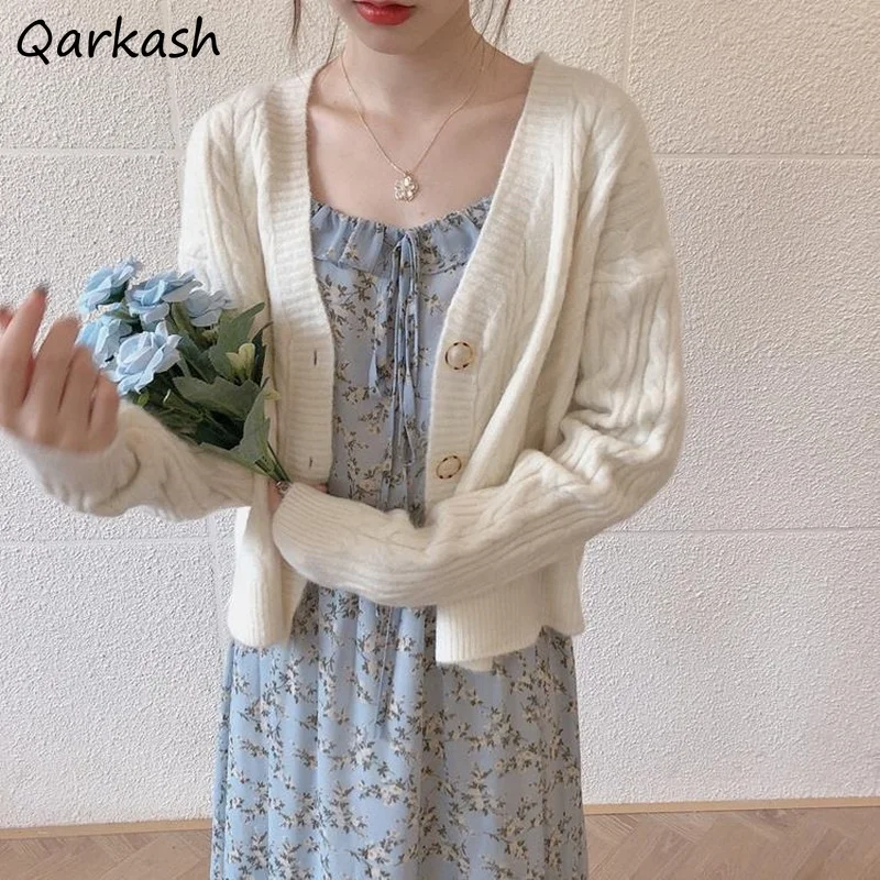 

Cropped Cardigans Women Solid Gentle V-neck Knitwear Sueters Basic Fall Winter Elegant Female Long Sleeve Jumpers Retro Sweet