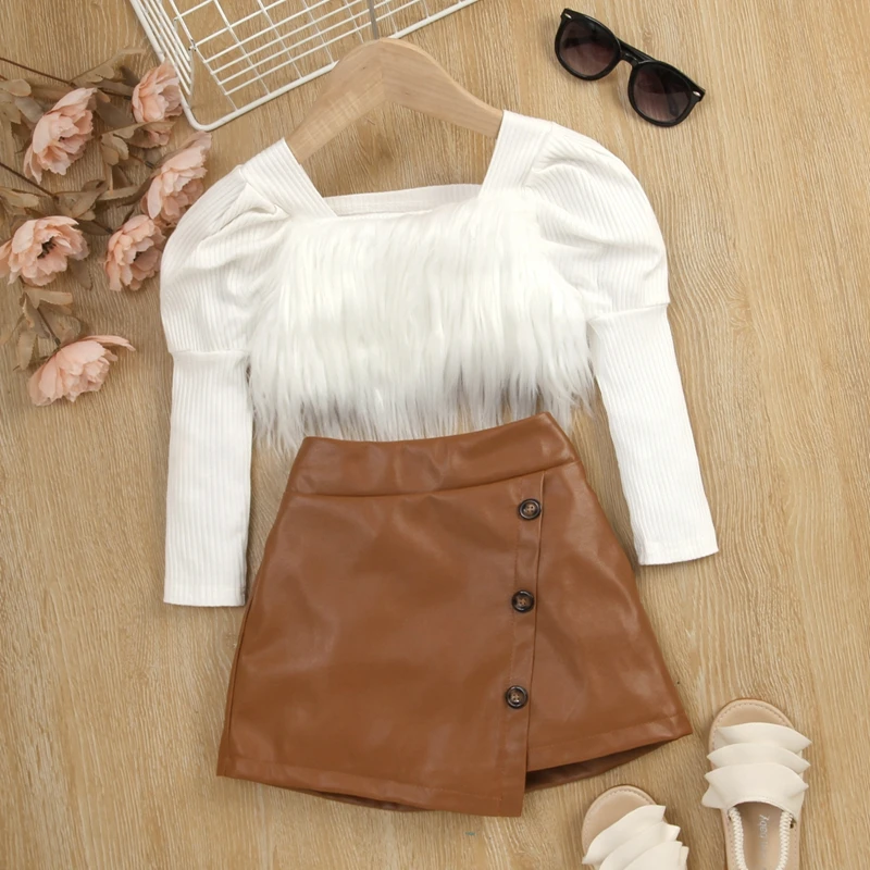

Toddler Girls Autumn Outfit Sets White Long Sleeve Square Neck Furry Tops + Brown PU Leather Skirt