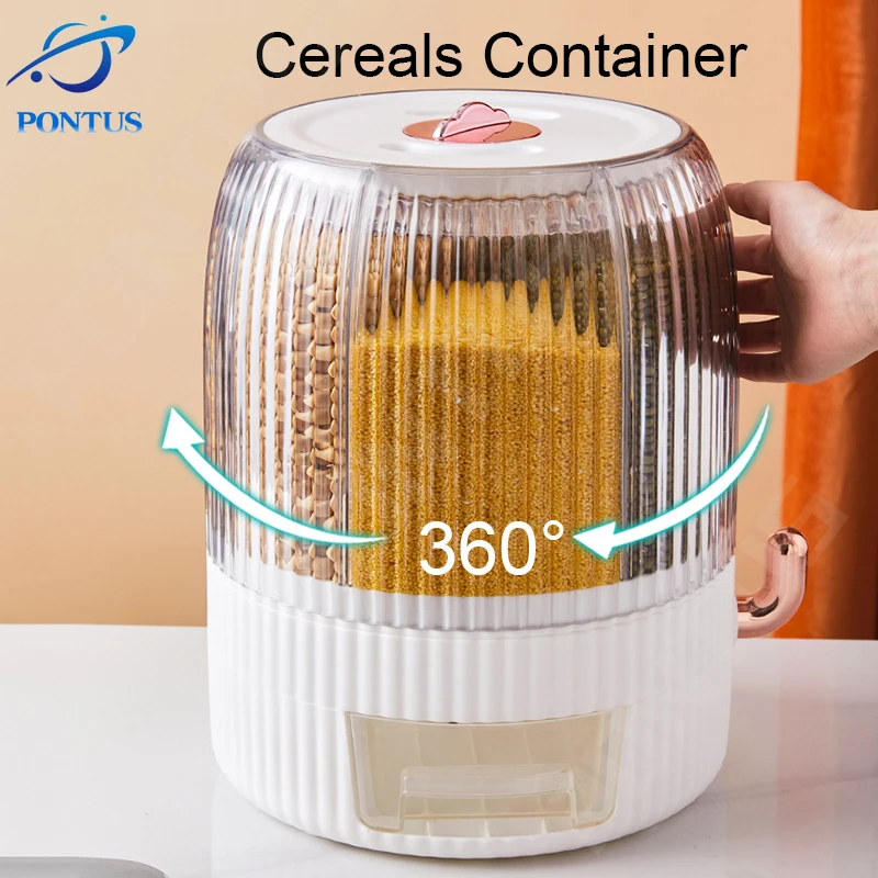 

360° Rotatable Cereals Container Kitchen Storage Organizer Rice Bucket Oat Grain Dispenser Insect Proof Sealed Home Storage
