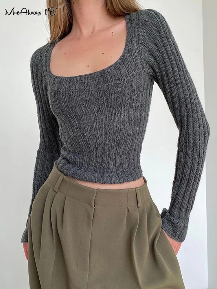 

Mnealways18 Square Collar Gray Inner Sweater Knitwear Autumn Winter Female Long Sleeves Pullover Tops Office Ladies Slim T-Shirt