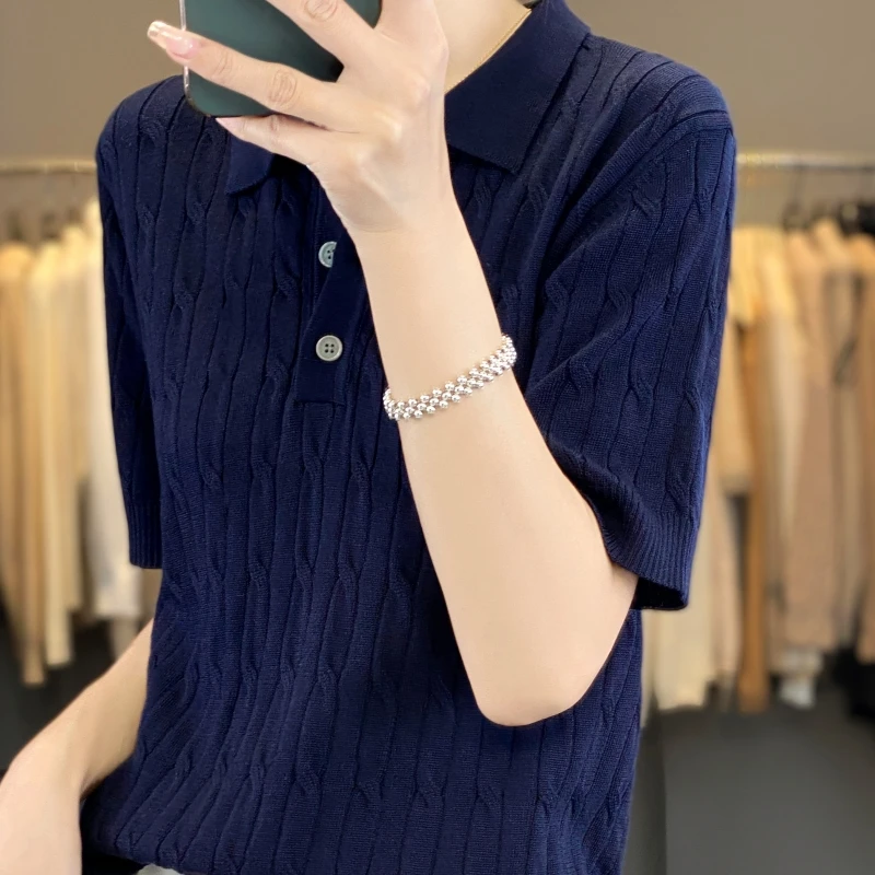 Летом новый вязаный женский свободный свитер-поло из 100% чистой шерсти с