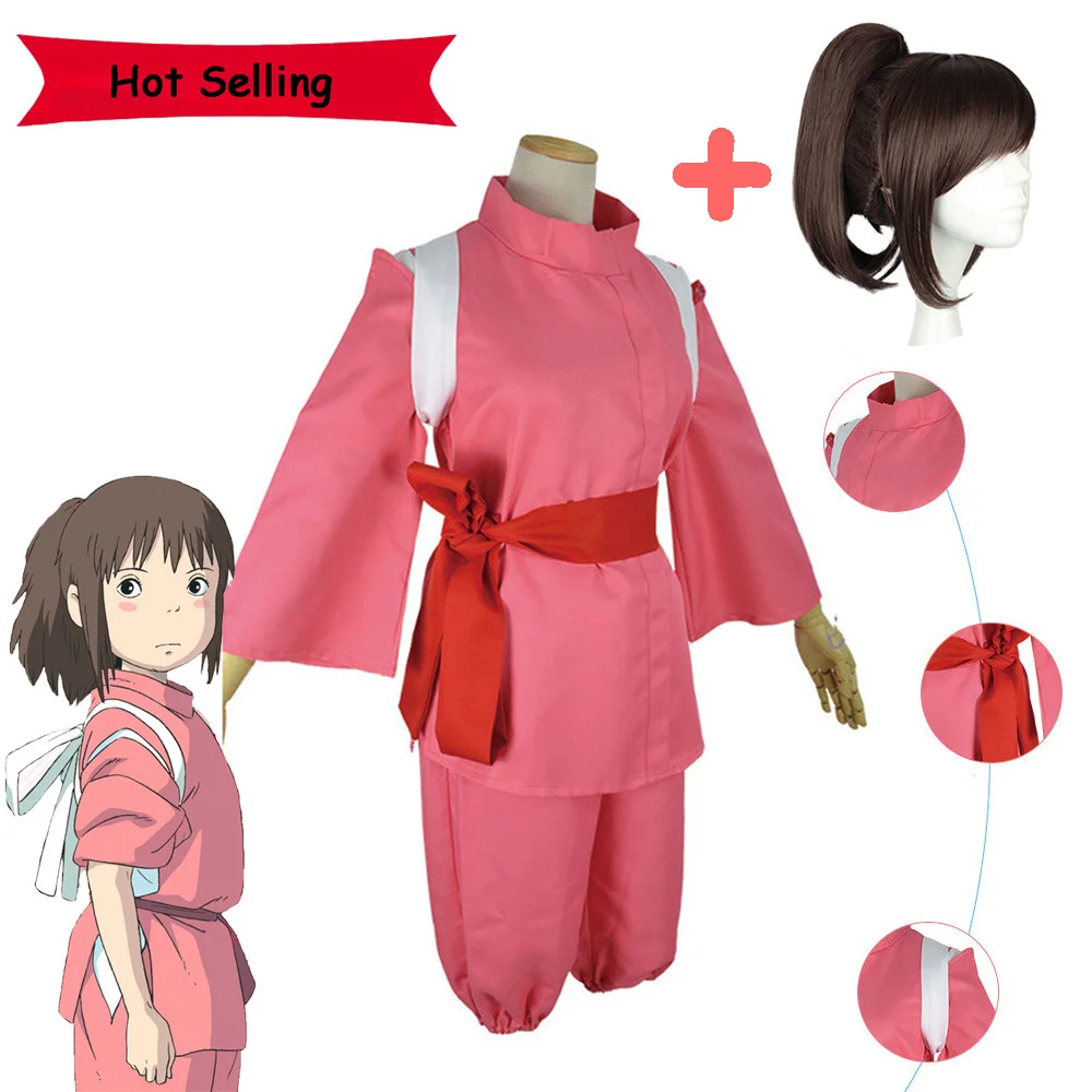 

Hot Anime Movie Spirited Away Cosplay Suits Takino Chihiro Show Costumes Kamikakushi Girls Pink Kimono Sets Ladies Party Wig