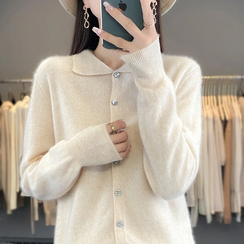 Осенне-зимний новый женский свитер кардиган с воротником поло из 100% мериносовой