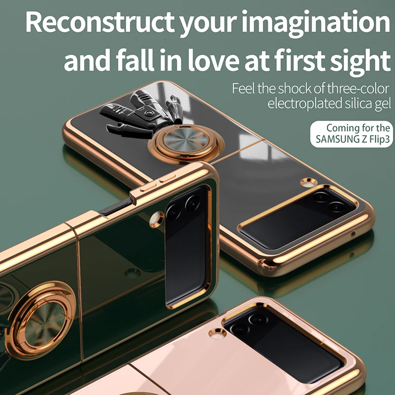 

Luxury Electroplated Silicone Phone Cases for Samsung Galaxy Z Flip 3 Flip 4 Magnetic Ring Holder Camera Protection Back Cover