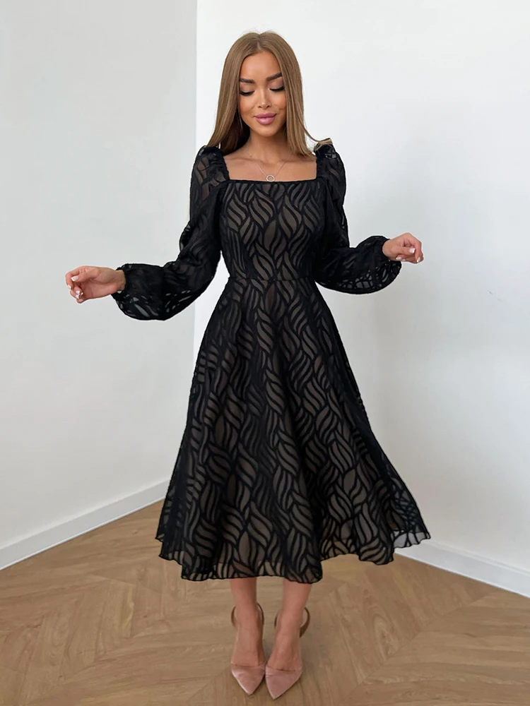 

Black Jacquard A-Line Dress Spring 2023 Women Lantern Sleeve Flowing Midi Dress Elegant Lady Chic Long Dress Ruched Party Outfit