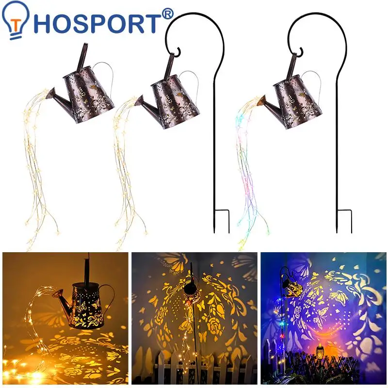 

Solar Watering Can Lights Butterfly Iron Hollow Art Decor Lamp Waterproof Outdoor Hanging Kettle Lanterns for Garden Yard