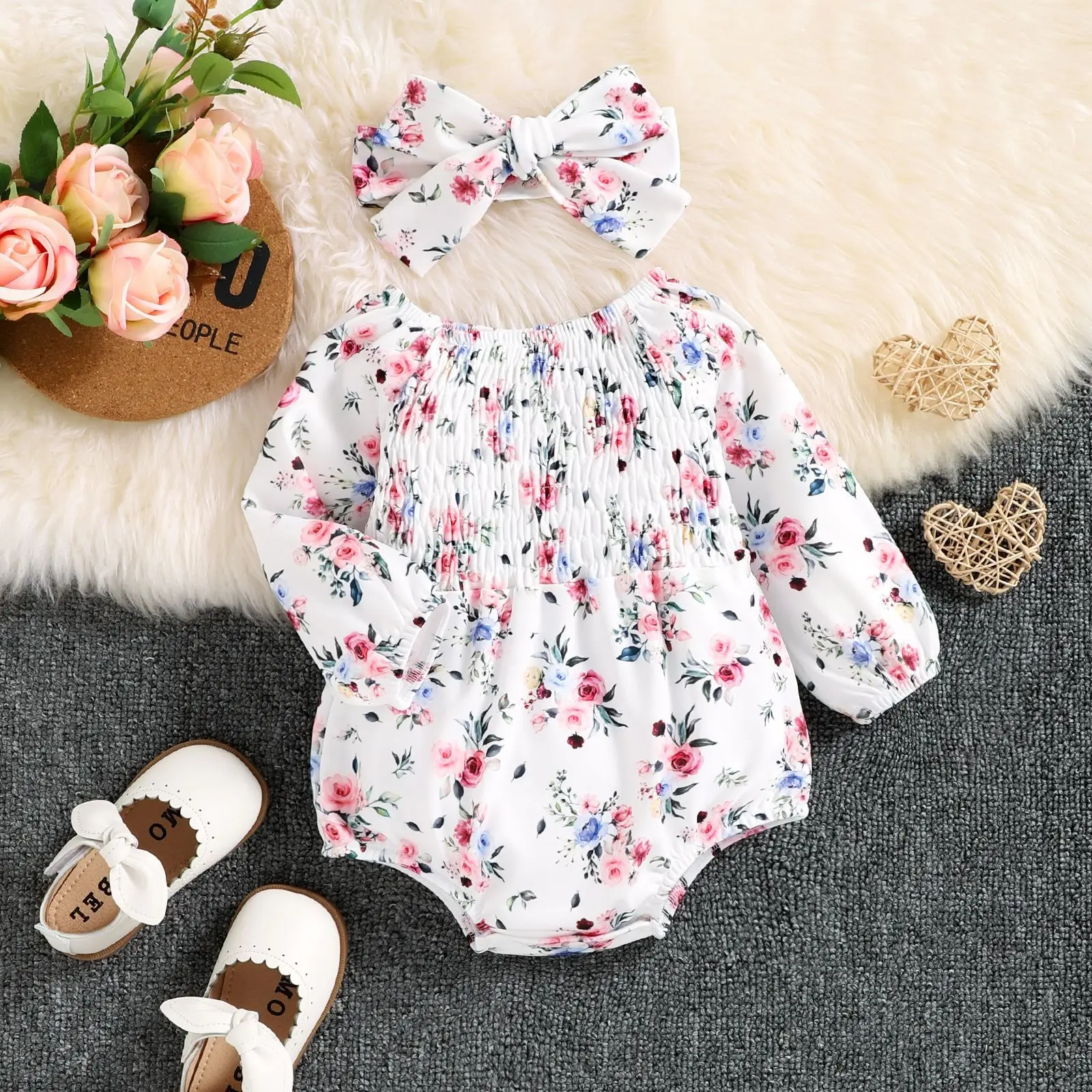 INS 6-24M Newborn Infant Baby Girls Clothes Romper Toddler Long Sleeve + Hairband Fashion Baby Clothing Jumpsuits Spring Autumn