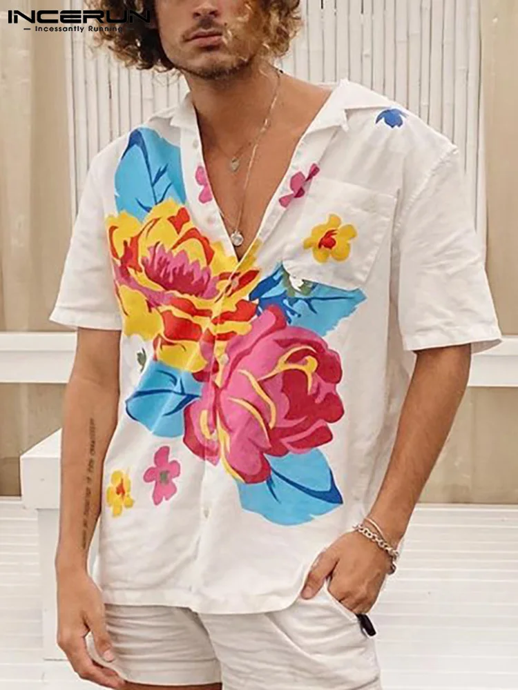

Men Shirt Flower Print Lapel Short Sleeve Button Streetwear Casual Camisas Summer 2022 Leisure Hawaiian Shirts S-5XL INCERUN 7