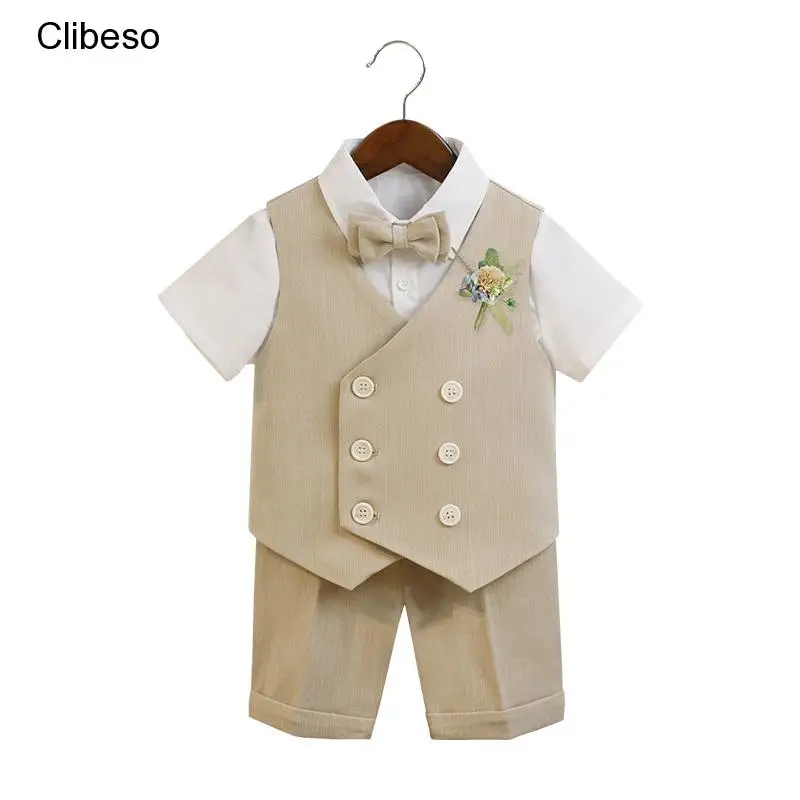 

2023 Boy Child Wedding Suit Sets Kids Elegant Vest White Shirts Short Pants Bow Tie Corsage Children's Formal Clothing for Boys