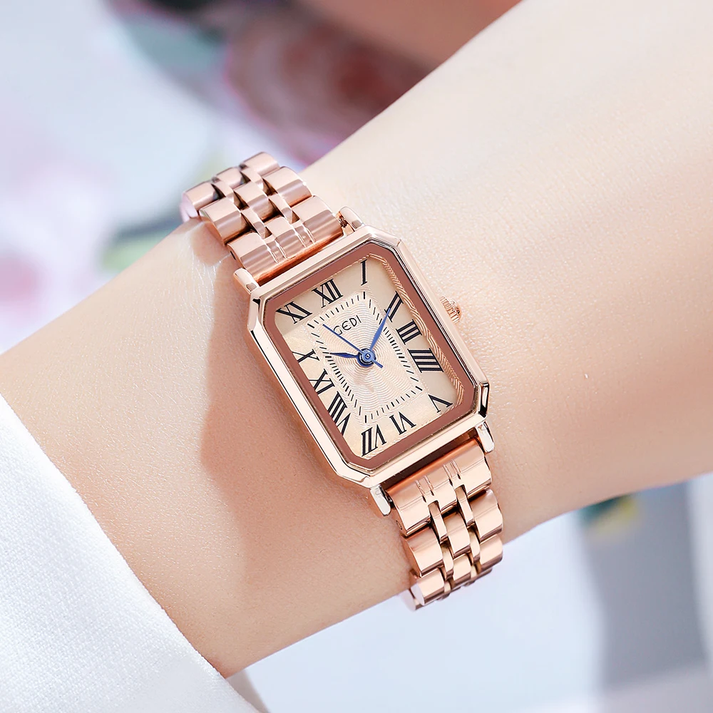 GEDI Fashion Rectangle Silver Stainless Steel Ladies Watch 30m Waterproof Roman Dial Quartz Watch for Women Gifts Dropshipping