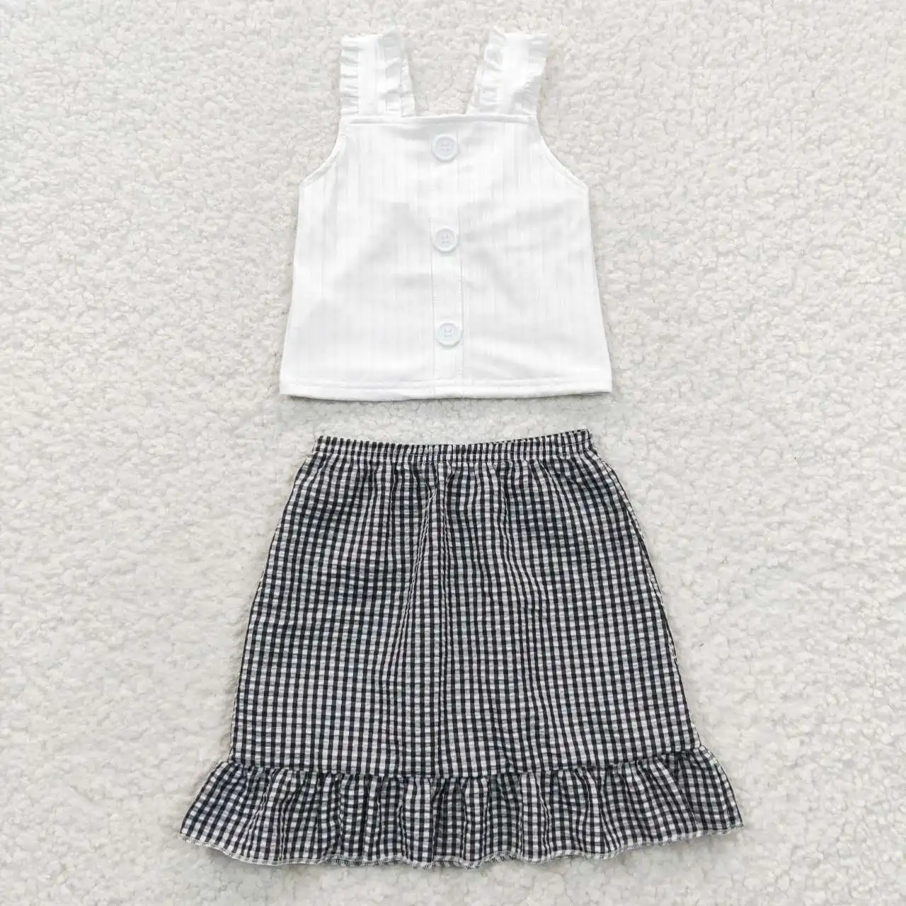 

Factory Direct Sale RTS Kids Summer Boutique Clothing Toddler Black Plaid Skirt Set B​aby Girls 2PCS Outfits