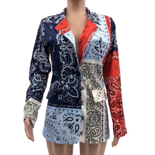 

Vintage Paisley Print Long Blazers Women Ethnic Single Breasted Chic Suit 2023 New Spring Autumn Fashion Streetwear Loose Blazer