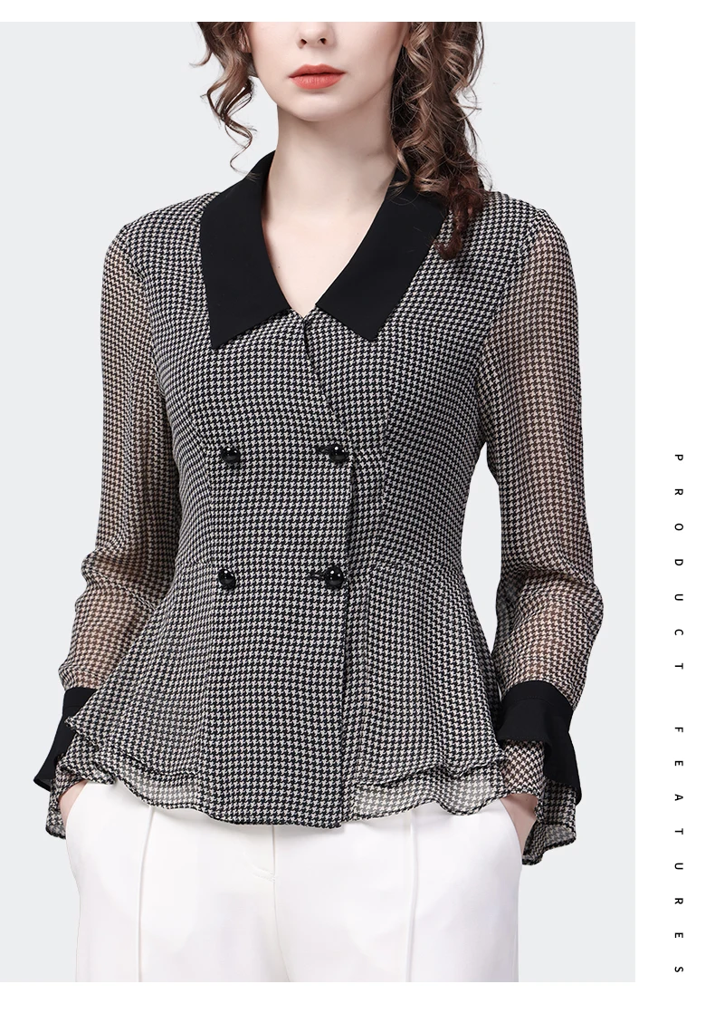 Модная женская черно-белая клетчатая рубашка с длинным рукавом и V-образным