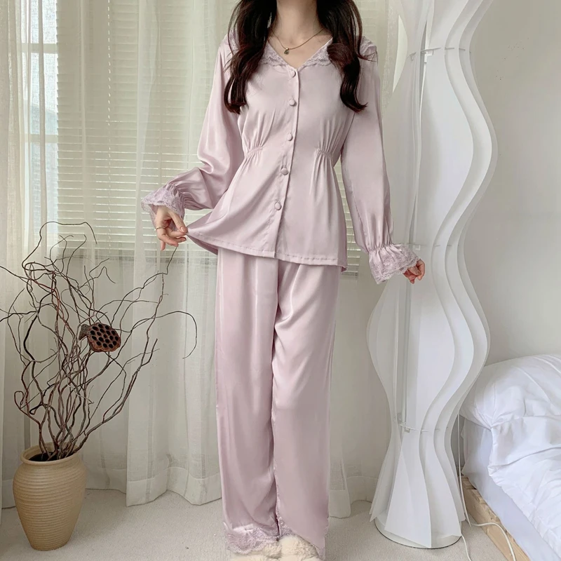 Korean Women Pajamas Set Long-Sleeve Silk Elegant Lace Lounge Set Trousers Tops Pants Sleepwear Household Wear Satin Nightwear