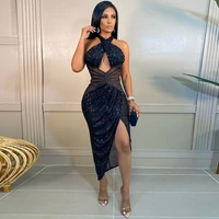 2022 sexy sequins evening dress for women sexy split halter backless bodycon party dresses
