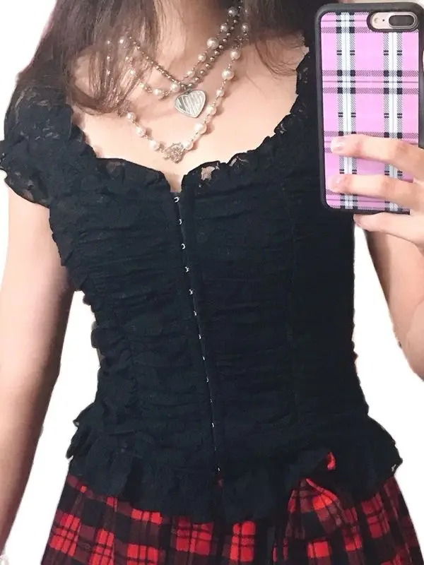 

Женский винтажный укороченный топ, черный топ с цветочным кружевом и коротким рукавом, в стиле ретро