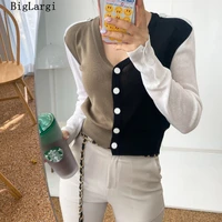 long sleeve knitted sweater women korean chic cardigan v neck ladies sweaters 2022 single breasted patchwork coat woman top