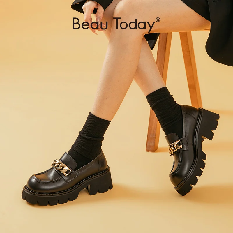 

BeauToday Platform Loafers Women Calfskin Leather Metal Chain Round Toe Slip On Chunky Sole Ladies Flat Shoes Handmade 26507