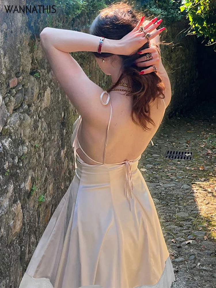 

WannaThis Satin Backless Spaghetti Strapdress Women Sexy Lace Up Wedding Guest Birthday Sleeveless Prom Aesthetic Party Clothing