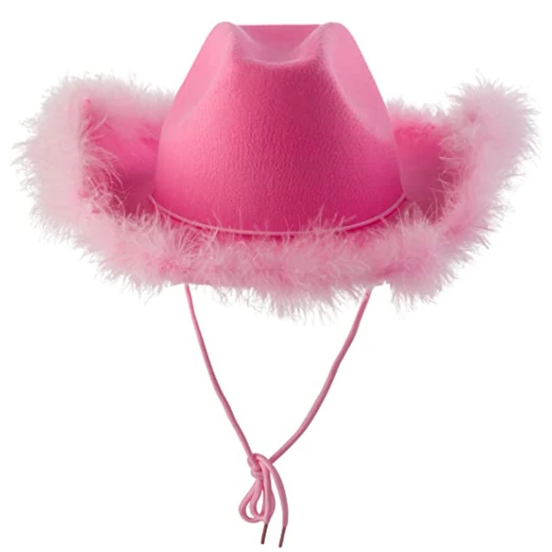 Casual Pink Cowgirl Hat Western Cowboy Hat Fluffy Feather Brim Cowboy Hat All-match for Themed Birthday Party Photo Prop